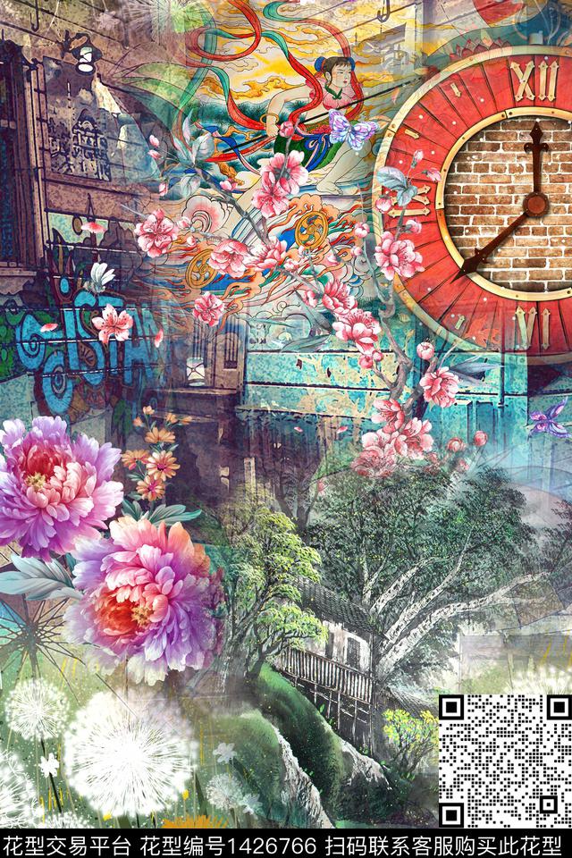 花卉大牌风抽象数码印花华亿平台下载（图片编号: 1426766） - 瓦栏（Walan）
