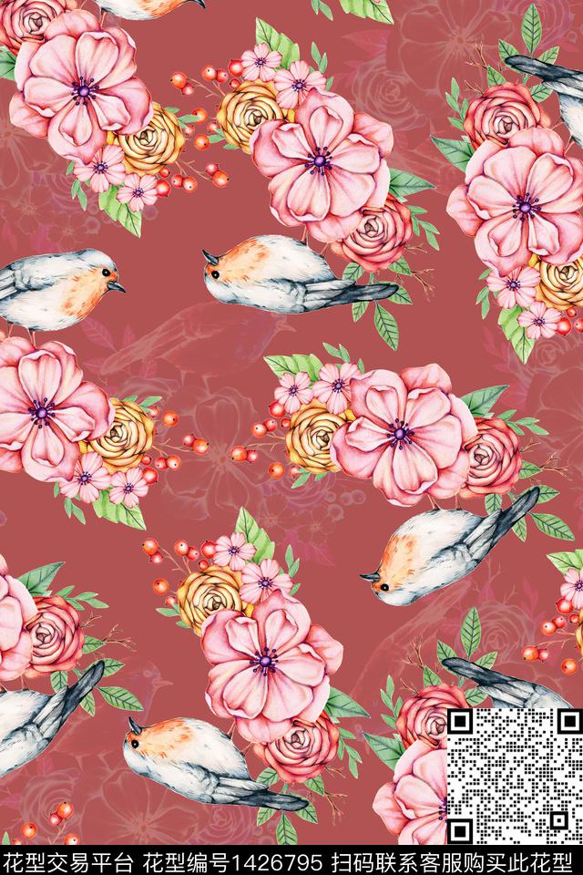 花鸟复古花卉数码印花华亿平台下载（图片编号: 1426795） - 瓦栏（Walan）