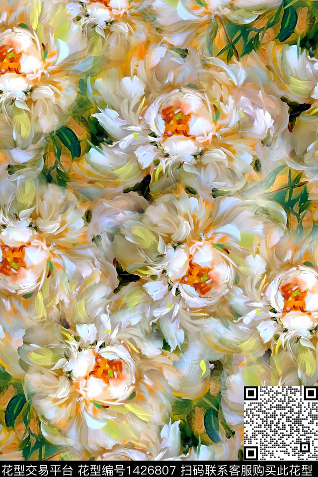 花卉大牌风真丝数码印花华亿平台下载（图片编号: 1426807） - 瓦栏（Walan）