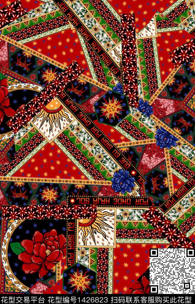 黑底花卉几何民族风数码印花华亿平台下载（图片编号: 1426823） - 瓦栏（Walan）