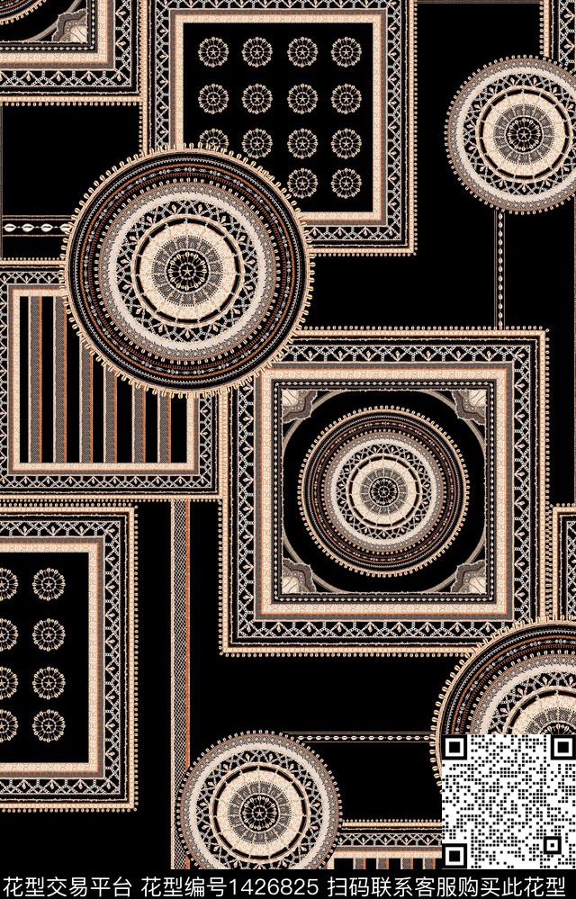 黑底花卉几何民族风数码印花华亿平台下载（图片编号: 1426825） - 瓦栏（Walan）