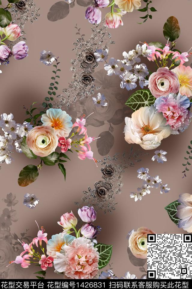 花卉写实绿植树叶数码印花华亿平台下载（图片编号: 1426831） - 瓦栏（Walan）