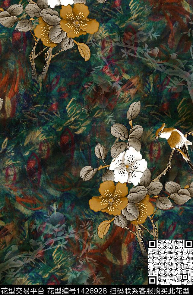 花鸟香云纱中老年数码印花华亿平台下载（图片编号: 1426928） - 瓦栏（Walan）