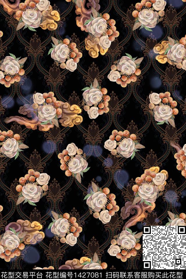 复古香云纱富贵花数码印花华亿平台下载（图片编号: 1427081） - 瓦栏（Walan）
