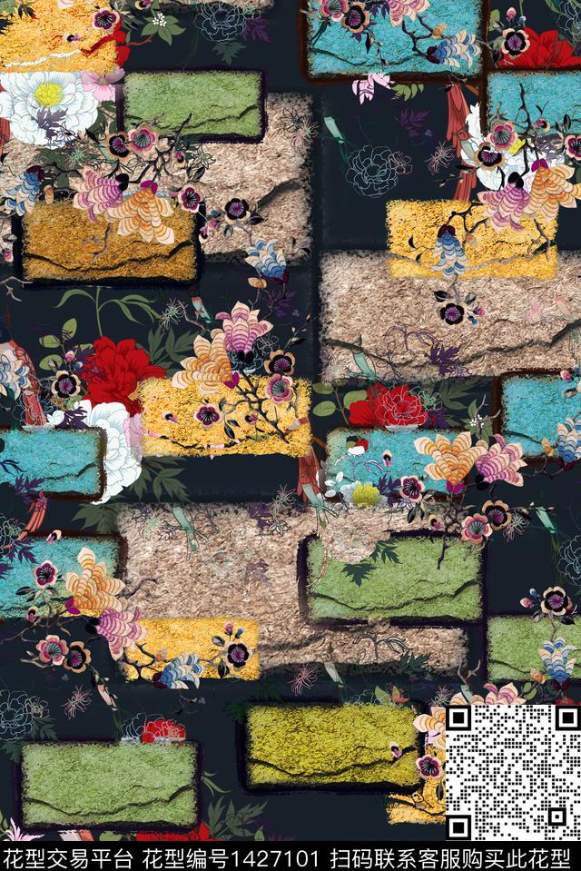 复古香云纱富贵花数码印花华亿平台下载（图片编号: 1427101） - 瓦栏（Walan）