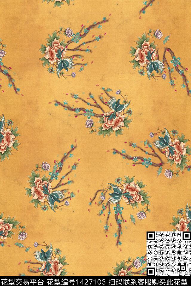 复古香云纱富贵花数码印花华亿平台下载（图片编号: 1427103） - 瓦栏（Walan）