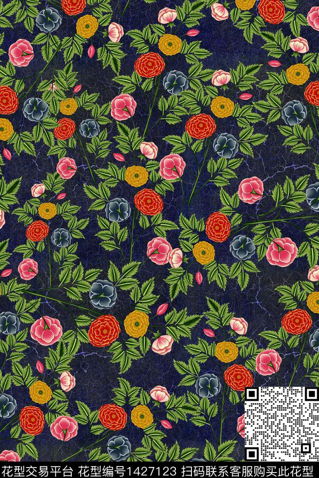 复古香云纱富贵花数码印花华亿平台下载（图片编号: 1427123） - 瓦栏（Walan）