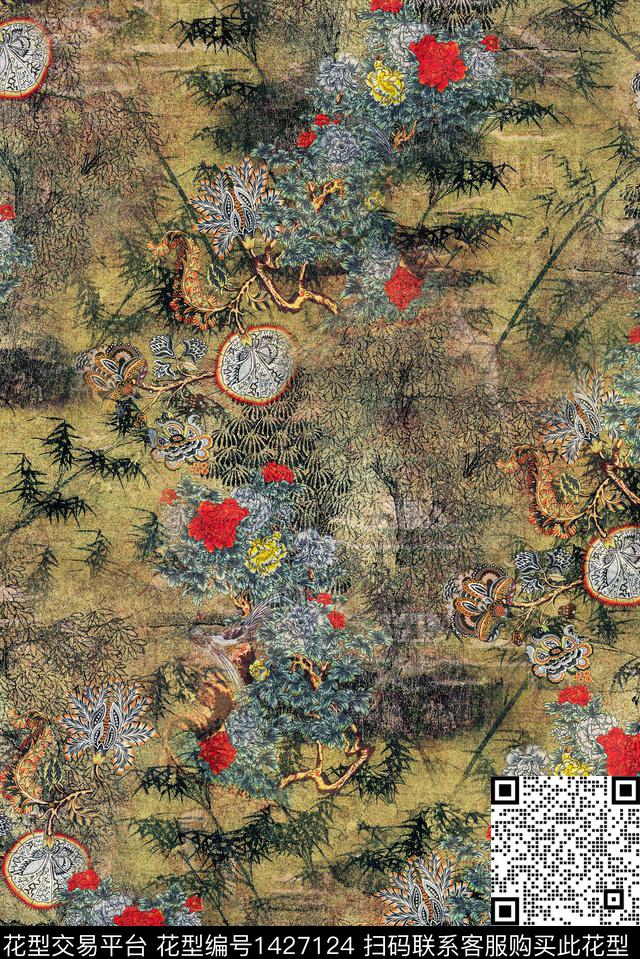 复古香云纱富贵花数码印花华亿平台下载（图片编号: 1427124） - 瓦栏（Walan）