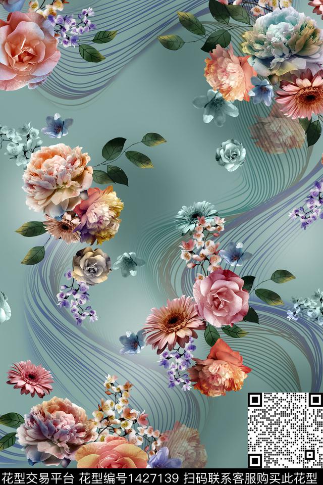 线条几何花卉数码印花华亿平台下载（图片编号: 1427139） - 瓦栏（Walan）