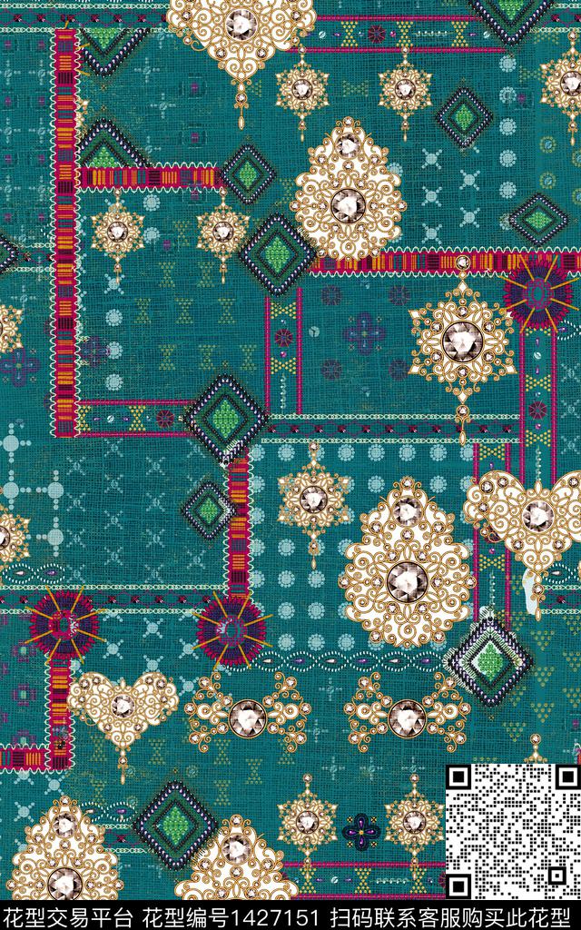 民族风真丝混合拼接数码印花华亿平台下载（图片编号: 1427151） - 瓦栏（Walan）