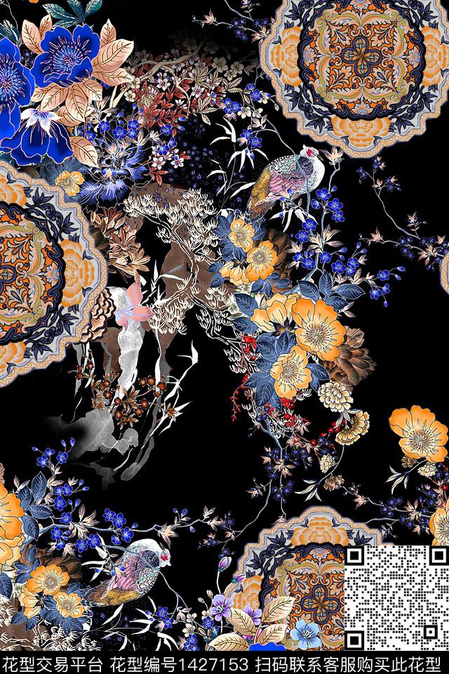 复古花卉真丝数码印花华亿平台下载（图片编号: 1427153） - 瓦栏（Walan）