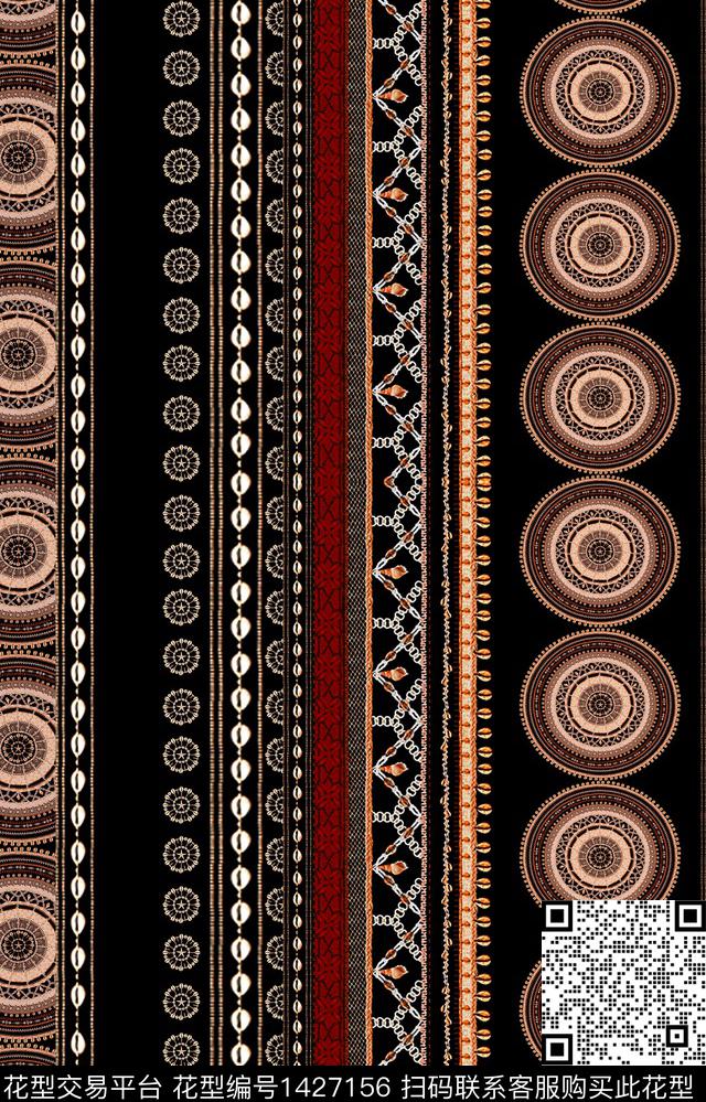黑底花卉几何民族风数码印花华亿平台下载（图片编号: 1427156） - 瓦栏（Walan）