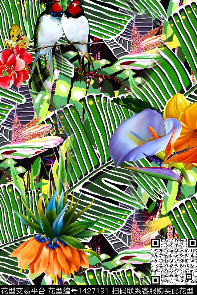 趋势华亿平台花鸟大牌风数码印花华亿平台下载（图片编号: 1427191） - 瓦栏（Walan）