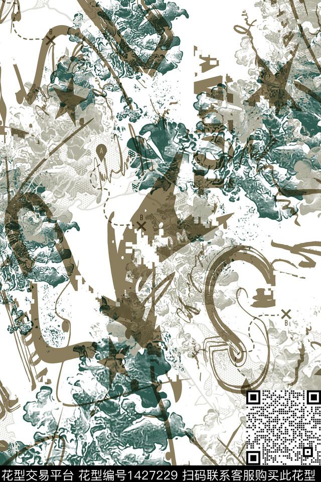 字母抽象花卉大牌风数码印花华亿平台下载（图片编号: 1427229） - 瓦栏（Walan）