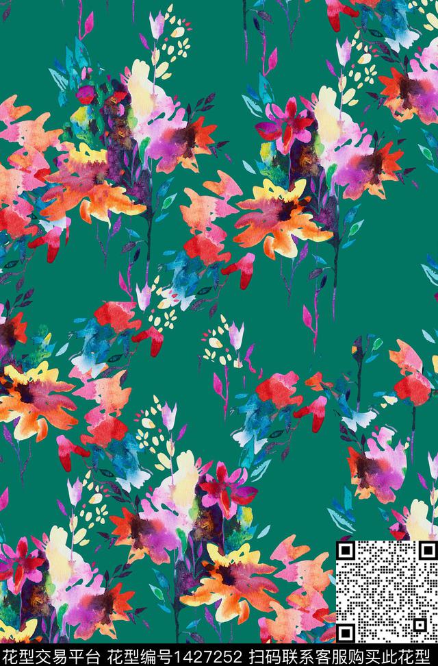 真丝手绘花卉水彩花卉数码印花华亿平台下载（图片编号: 1427252） - 瓦栏（Walan）