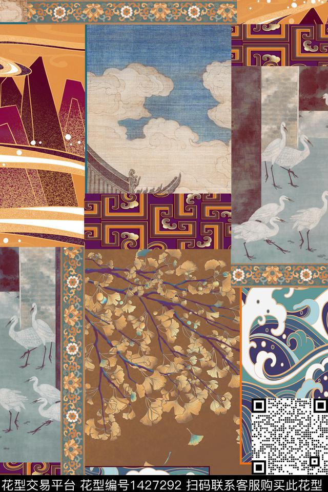 香云纱中国风几何拼贴华亿平台数码印花华亿平台下载（图片编号: 1427292） - 瓦栏（Walan）