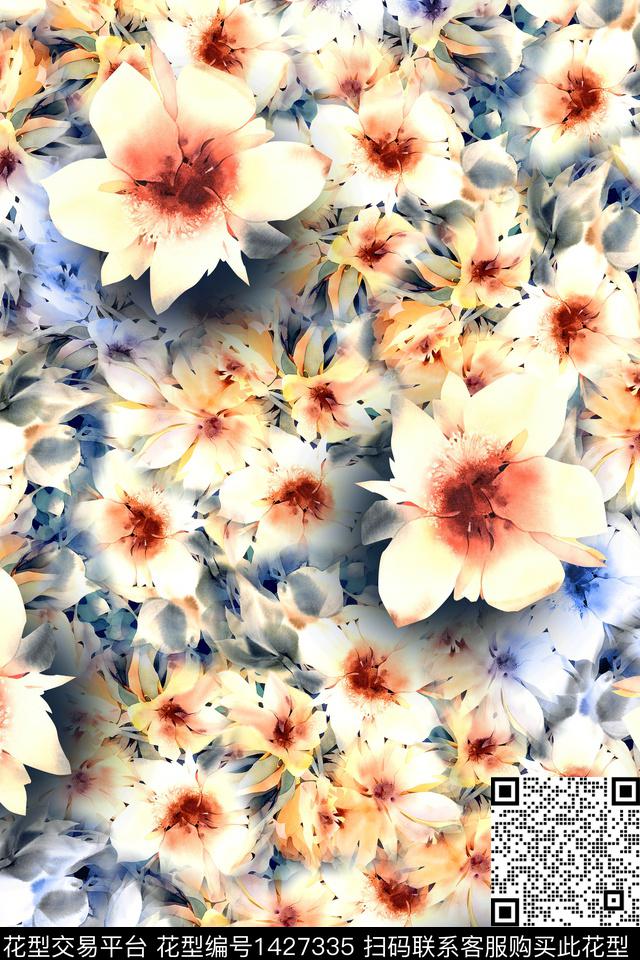 抽象花卉花卉香云纱数码印花华亿平台下载（图片编号: 1427335） - 瓦栏（Walan）