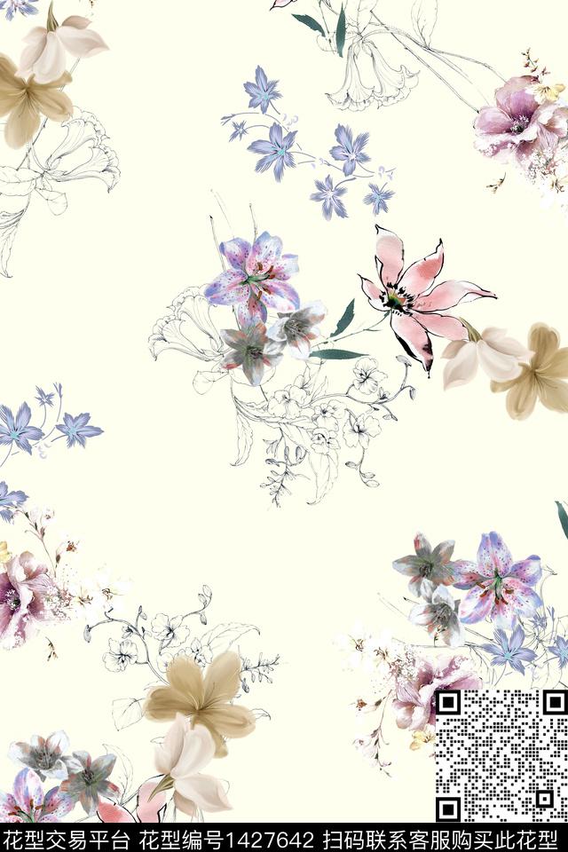 数码华亿平台复古花卉数码印花华亿平台下载（图片编号: 1427642） - 瓦栏（Walan）