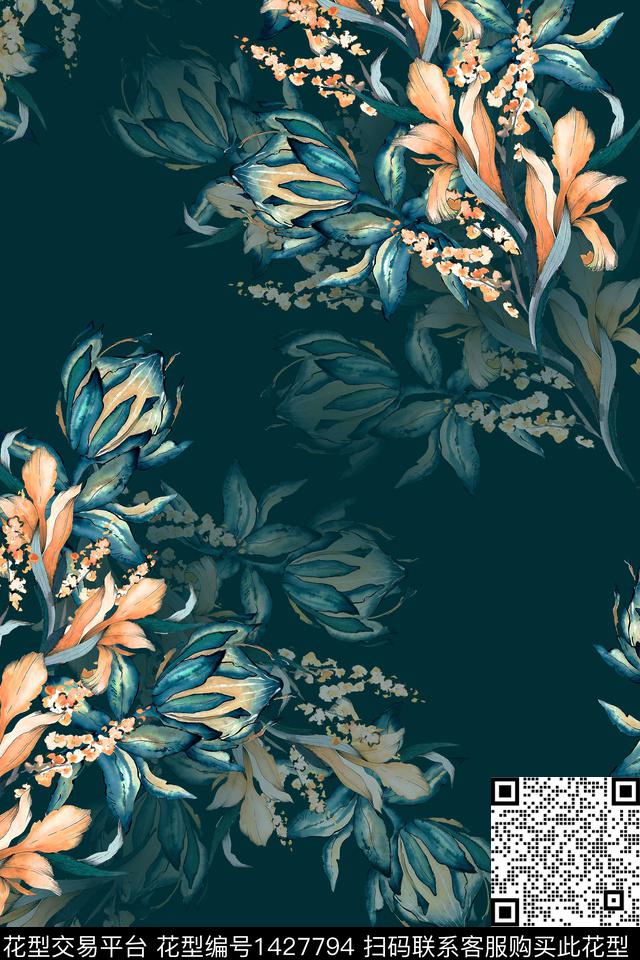 绿植树叶水彩香云纱数码印花华亿平台下载（图片编号: 1427794） - 瓦栏（Walan）