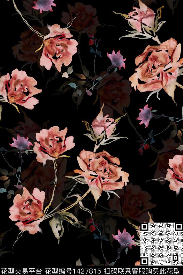 黑底花卉花卉香云纱数码印花华亿平台下载（图片编号: 1427815） - 瓦栏（Walan）