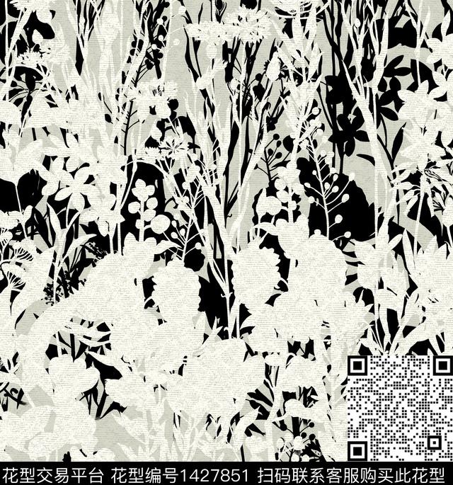 绿植树叶黑底花卉鲜花数码印花华亿平台下载（图片编号: 1427851） - 瓦栏（Walan）