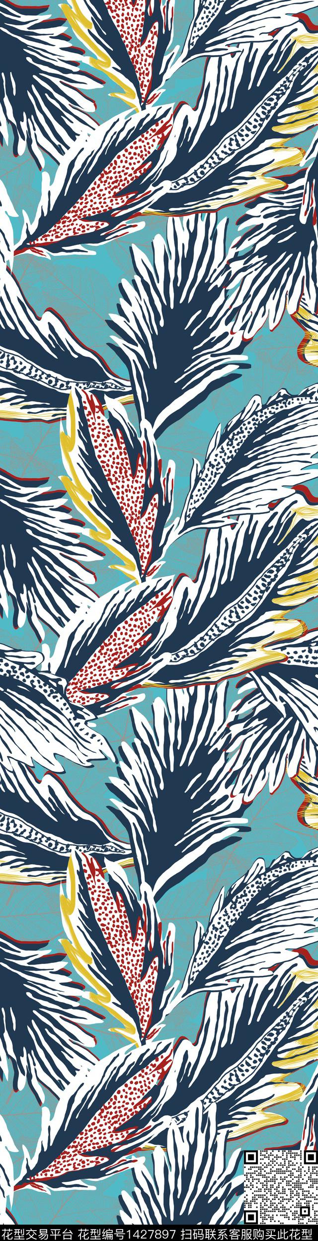 绿植树叶撞色几何传统印花华亿平台下载（图片编号: 1427897） - 瓦栏（Walan）