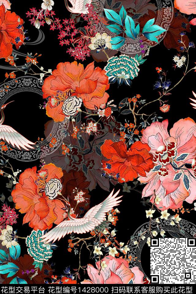 复古花卉中国风数码印花华亿平台下载（图片编号: 1428000） - 瓦栏（Walan）