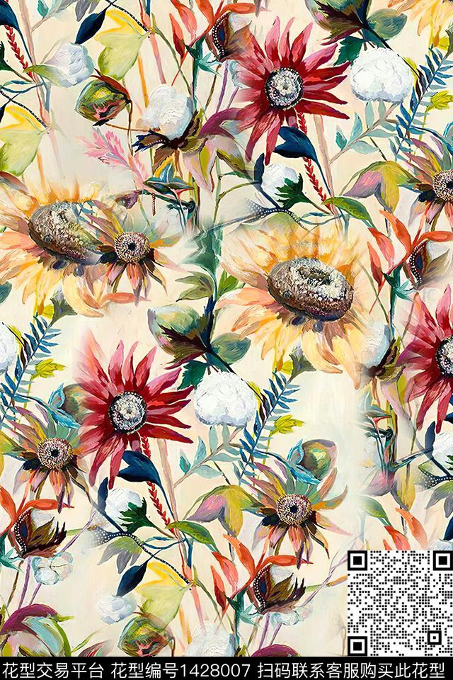 时尚花卉真丝数码印花华亿平台下载（图片编号: 1428007） - 瓦栏（Walan）