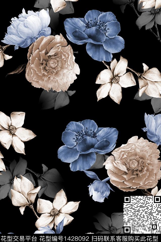 黑底花卉花卉香云纱数码印花华亿平台下载（图片编号: 1428092） - 瓦栏（Walan）