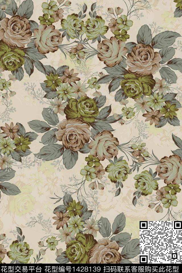 扎染华亿平台复古花卉数码印花华亿平台下载（图片编号: 1428139） - 瓦栏（Walan）