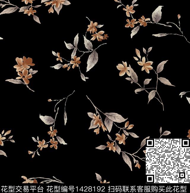 黑底花卉女装花卉数码印花华亿平台下载（图片编号: 1428192） - 瓦栏（Walan）