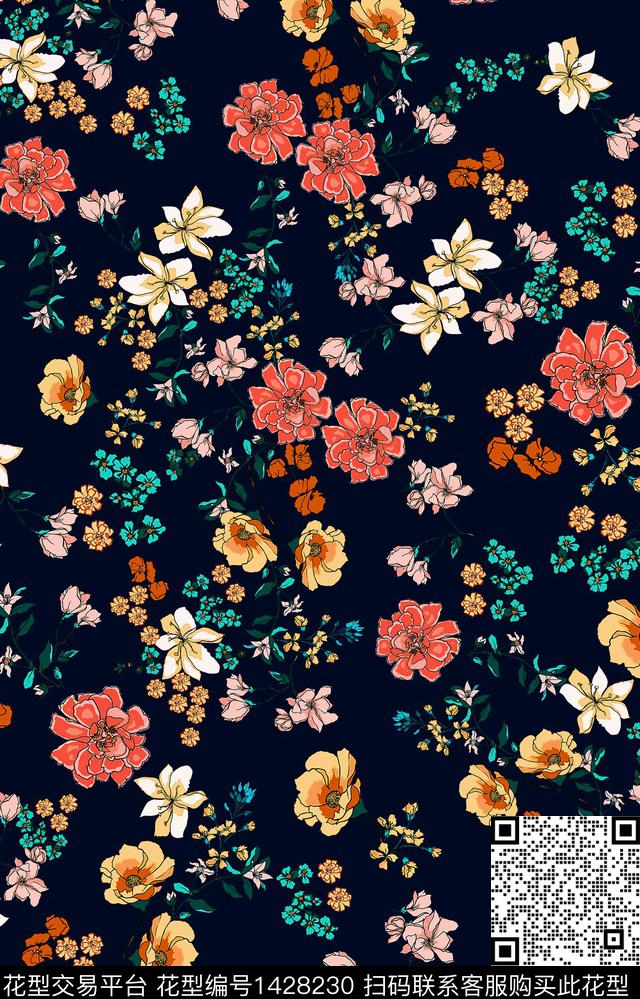 数码华亿平台黑底花卉花卉传统印花华亿平台下载（图片编号: 1428230） - 瓦栏（Walan）