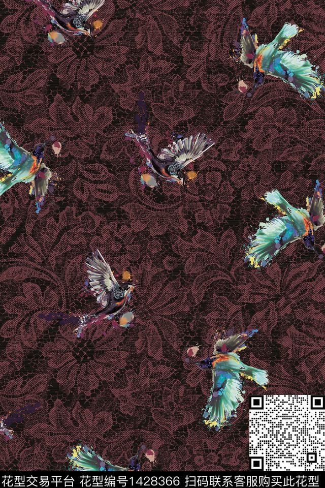 鸟底纹花卉数码印花华亿平台下载（图片编号: 1428366） - 瓦栏（Walan）
