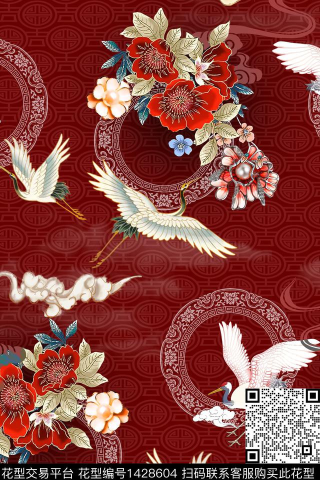 仙鹤花卉真丝数码印花华亿平台下载（图片编号: 1428604） - 瓦栏（Walan）