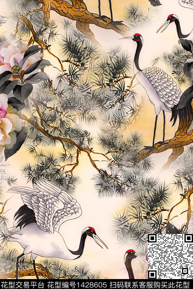 仙鹤香云纱中国风数码印花华亿平台下载（图片编号: 1428605） - 瓦栏（Walan）