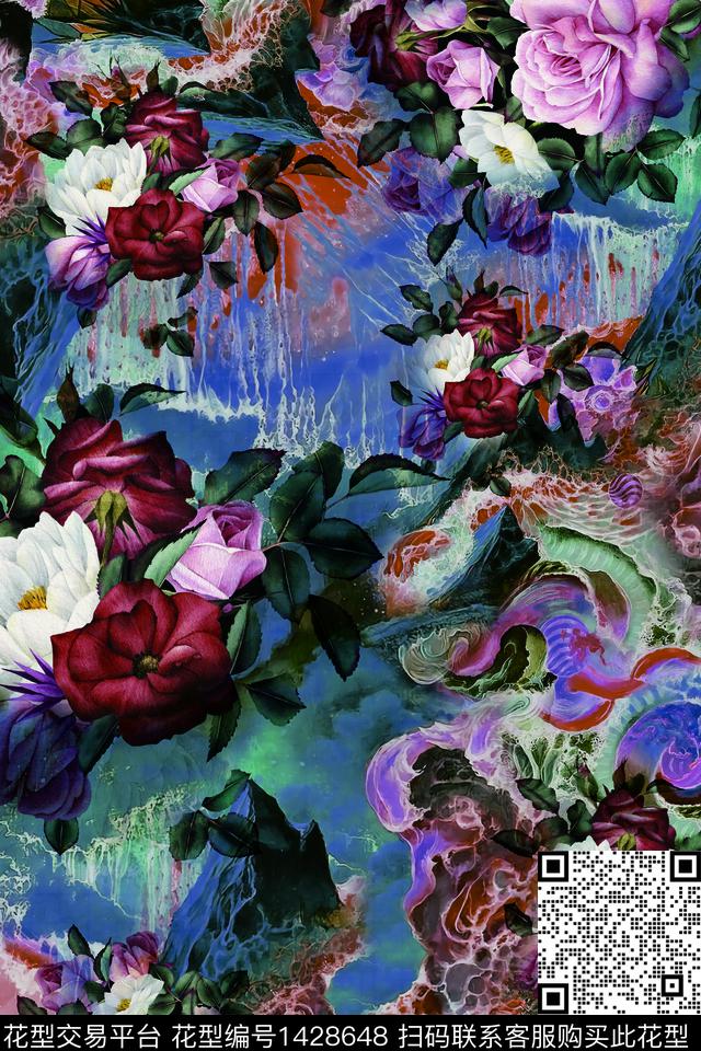 炫彩大花复古数码印花华亿平台下载（图片编号: 1428648） - 瓦栏（Walan）