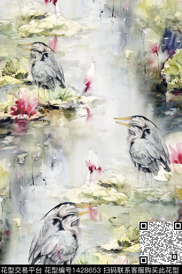 荷花仙鹤水墨风数码印花华亿平台下载（图片编号: 1428653） - 瓦栏（Walan）