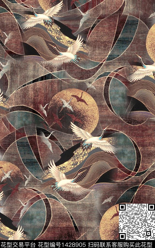 数码华亿平台仙鹤中国风数码印花华亿平台下载（图片编号: 1428905） - 瓦栏（Walan）