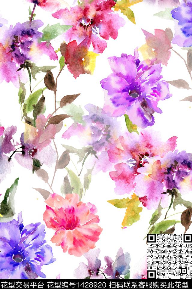 小清新真丝手绘花卉数码印花华亿平台下载（图片编号: 1428920） - 瓦栏（Walan）