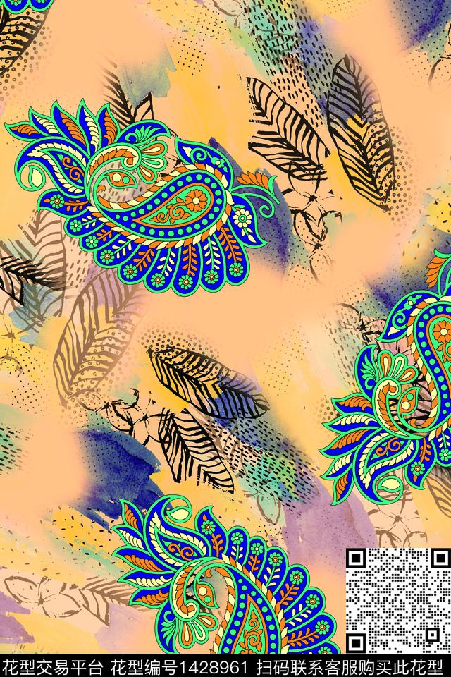 线条绿植树叶民族风数码印花华亿平台下载（图片编号: 1428961） - 瓦栏（Walan）
