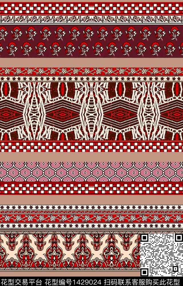 黑底花卉几何民族风数码印花华亿平台下载（图片编号: 1429024） - 瓦栏（Walan）