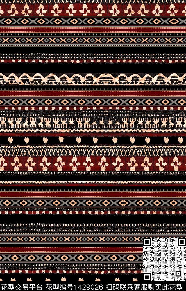 黑底花卉几何民族风数码印花华亿平台下载（图片编号: 1429026） - 瓦栏（Walan）