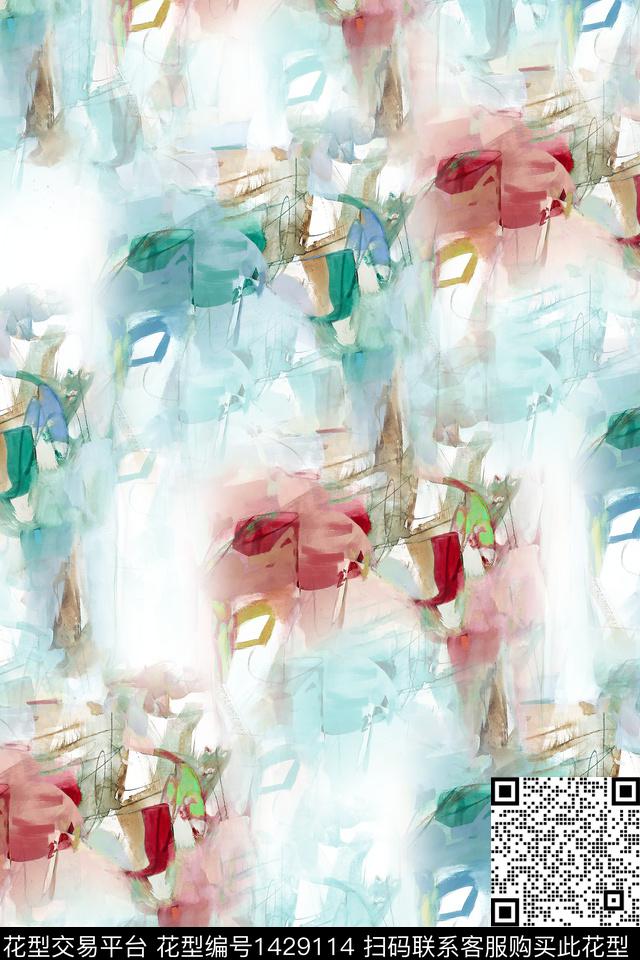 肌理水彩抽象花卉数码印花华亿平台下载（图片编号: 1429114） - 瓦栏（Walan）