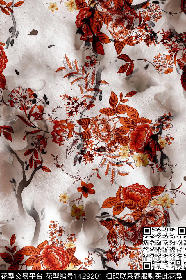 手绘花卉云纹底纹中老年花数码印花华亿平台下载（图片编号: 1429201） - 瓦栏（Walan）