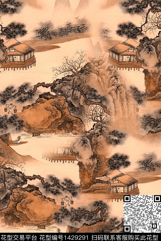 香云纱中国风风景画数码印花华亿平台下载（图片编号: 1429291） - 瓦栏（Walan）