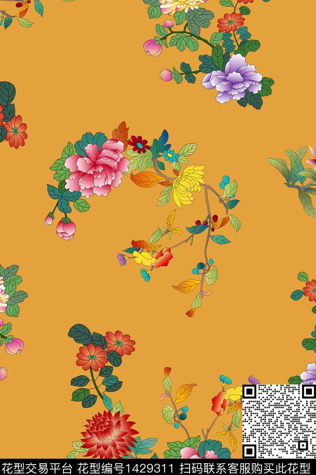 花卉香云纱手绘花卉数码印花华亿平台下载（图片编号: 1429311） - 瓦栏（Walan）