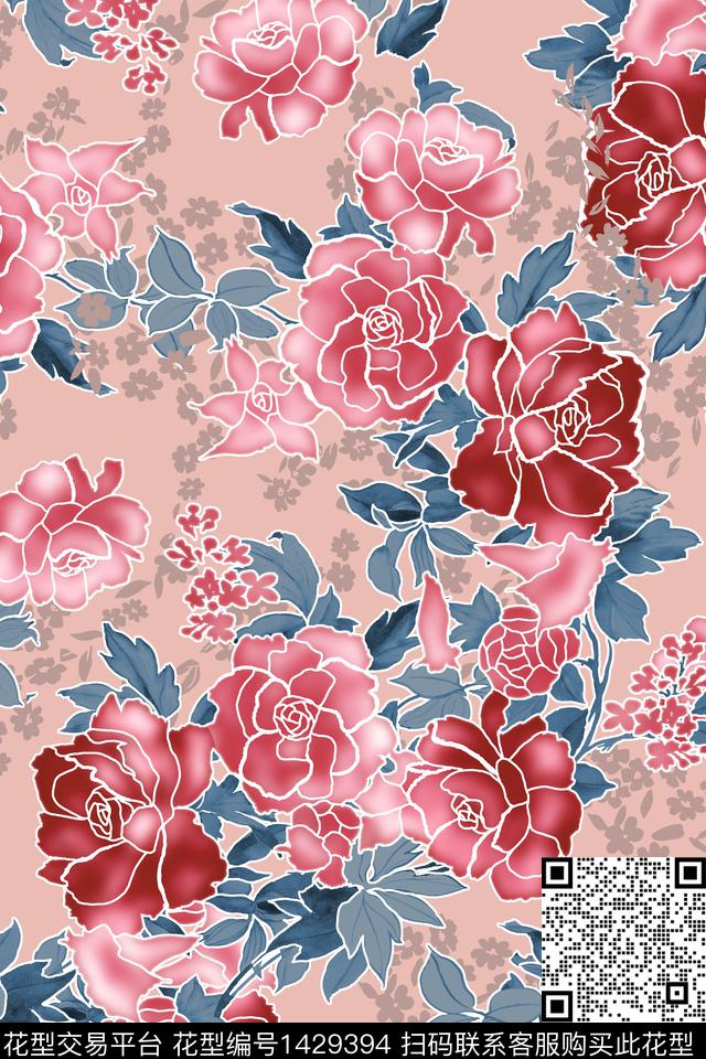 抽象花卉花卉香云纱数码印花华亿平台下载（图片编号: 1429394） - 瓦栏（Walan）