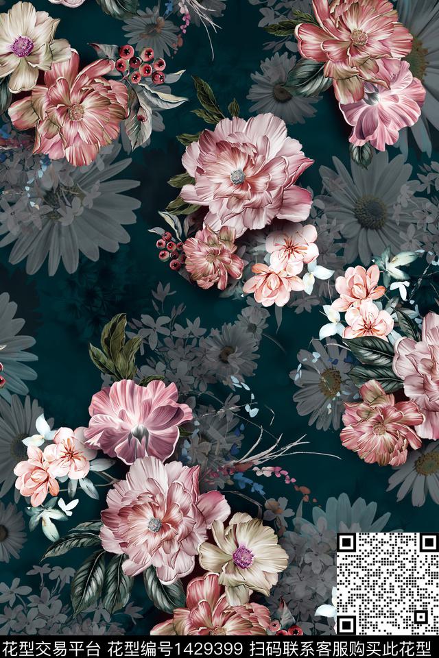 黑底花卉花卉香云纱数码印花华亿平台下载（图片编号: 1429399） - 瓦栏（Walan）