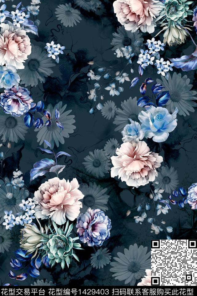 黑底花卉花卉香云纱数码印花华亿平台下载（图片编号: 1429403） - 瓦栏（Walan）