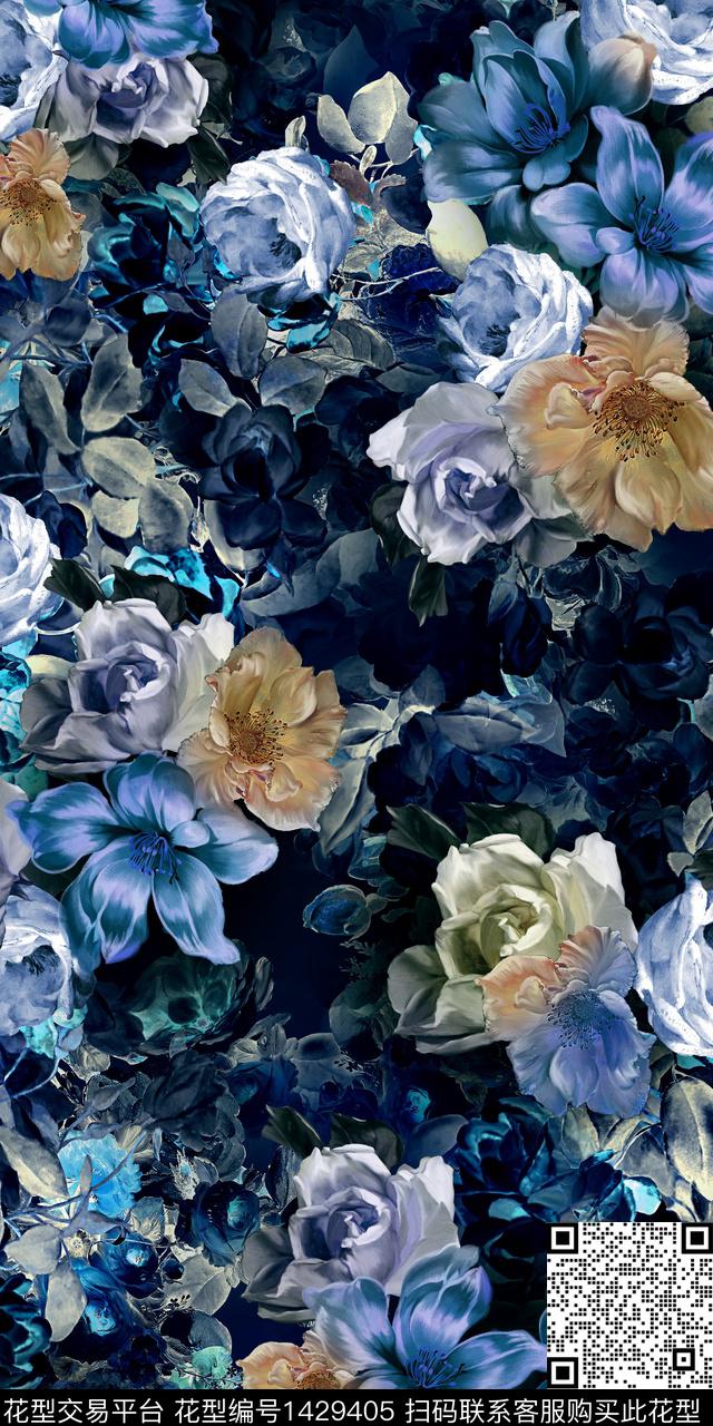 黑底花卉花卉香云纱数码印花华亿平台下载（图片编号: 1429405） - 瓦栏（Walan）